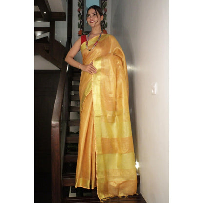 Isadora Life Womens Woven Tassels Yellow Pre-Draped Saree With Unstitched Blouse