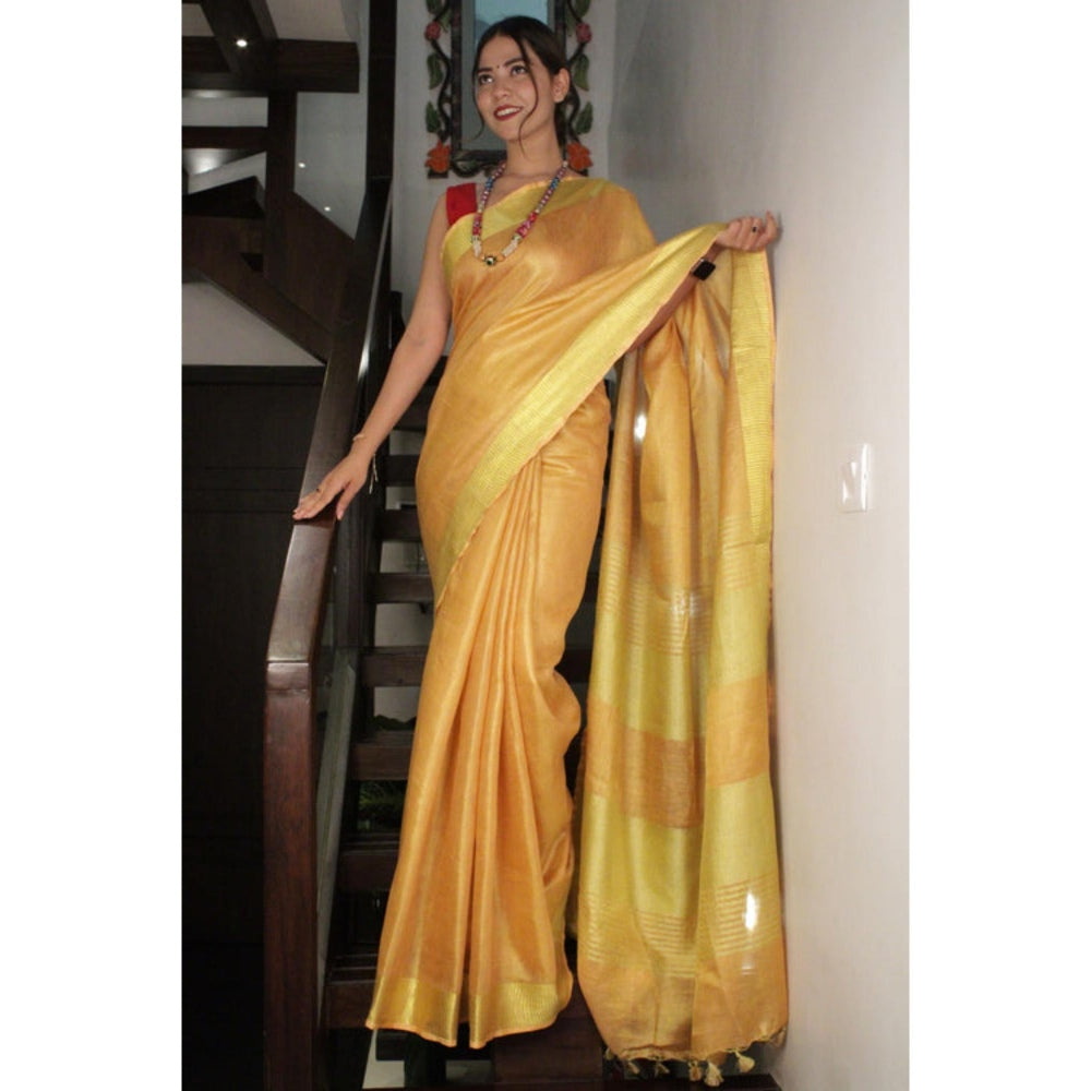 Isadora Life Womens Woven Tassels Yellow Pre-Draped Saree With Unstitched Blouse