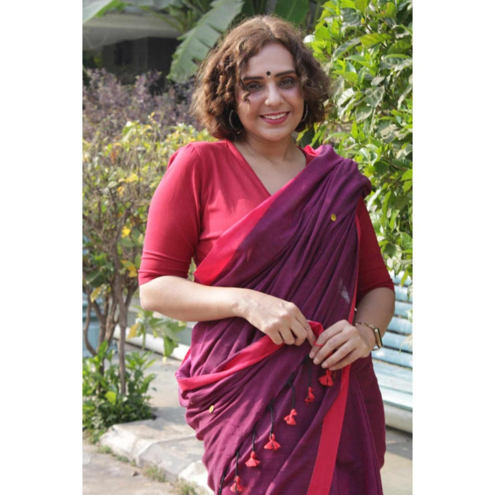 Isadora Life Womens Solid Tassels Purple Pre-Draped Saree With Unstitched Blouse