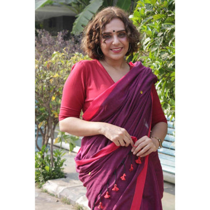 Isadora Life Womens Solid Tassels Purple Pre-Draped Saree With Unstitched Blouse