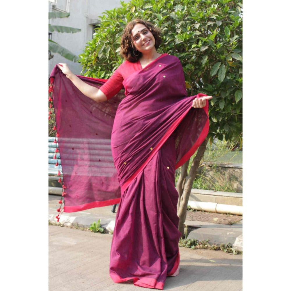 Isadora Life Womens Solid Tassels Purple Pre-Draped Saree With Unstitched Blouse