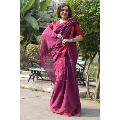Isadora Life Womens Solid Tassels Purple Pre-Draped Saree With Unstitched Blouse