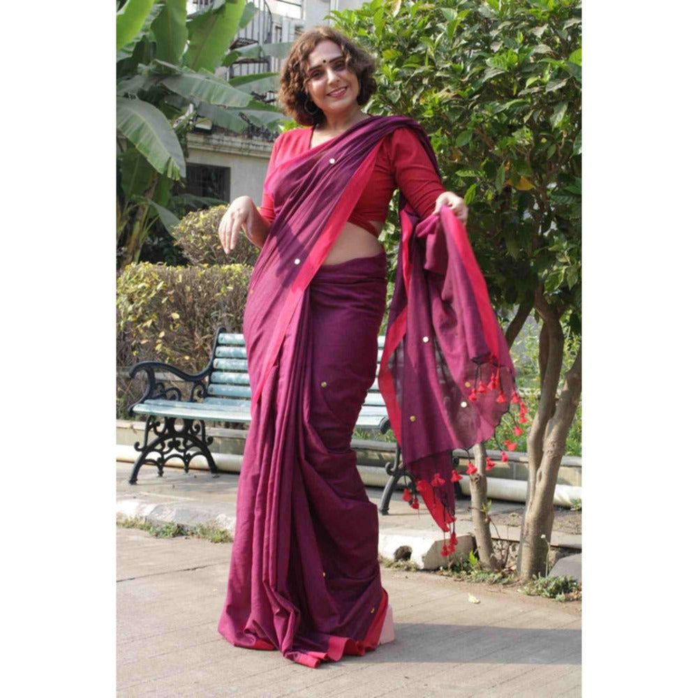 Isadora Life Womens Solid Tassels Purple Pre-Draped Saree With Unstitched Blouse