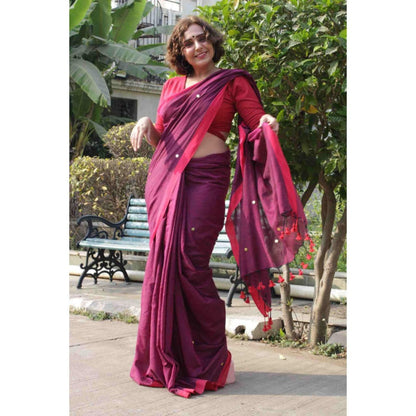 Isadora Life Womens Solid Tassels Purple Pre-Draped Saree With Unstitched Blouse