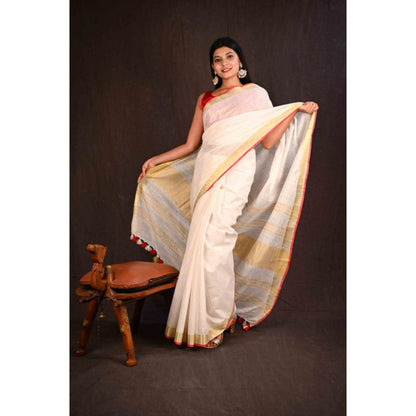 Isadora Life Womens Woven Tassels White Pre-Draped Saree With Unstitched Blouse