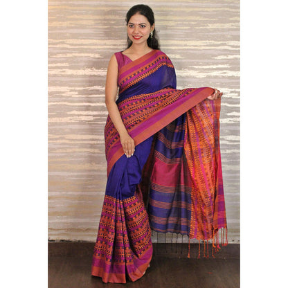 Isadora Life Womens Woven Tassels Blue Pre-Draped Saree With Unstitched Blouse