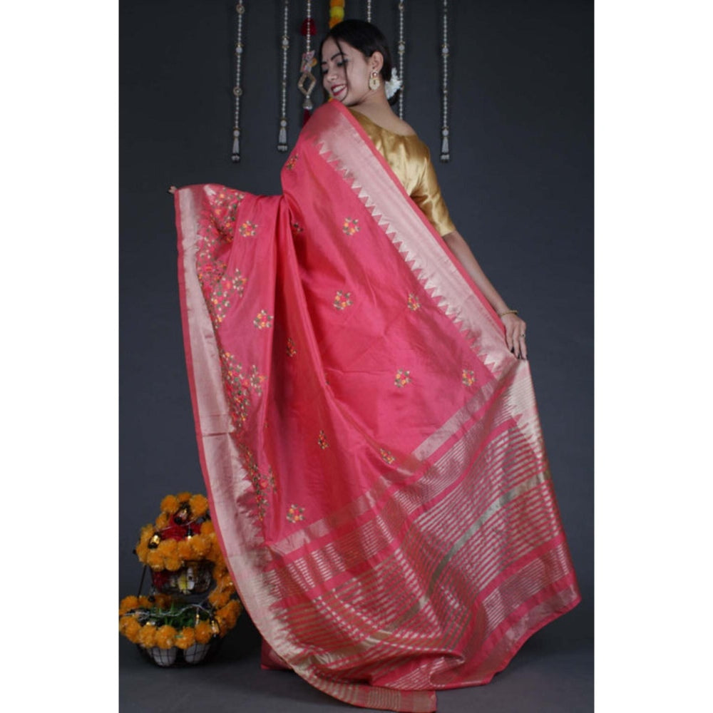 Isadora Life Womens Woven Embroidered Pink Pre-Draped Saree With Unstitched Blouse