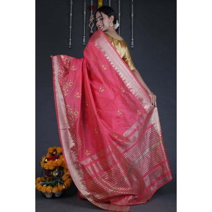 Isadora Life Womens Woven Embroidered Pink Pre-Draped Saree With Unstitched Blouse