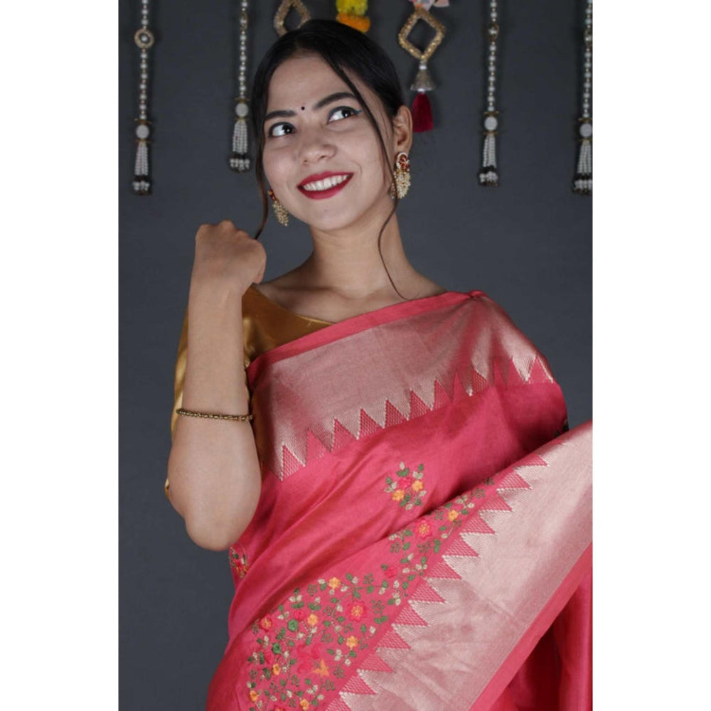Isadora Life Womens Woven Embroidered Pink Pre-Draped Saree With Unstitched Blouse