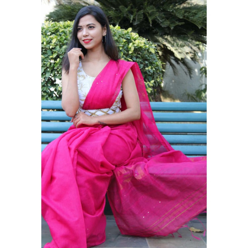 Isadora Life Womens Sequined Tassels Pink Pre-Draped Saree With Unstitched Blouse