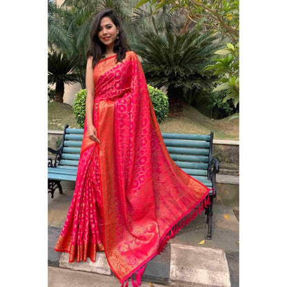 Isadora Life Womens Woven Tassels Pink Pre-Draped Saree With Unstitched Blouse