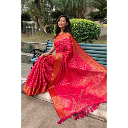 Isadora Life Womens Woven Tassels Pink Pre-Draped Saree With Unstitched Blouse