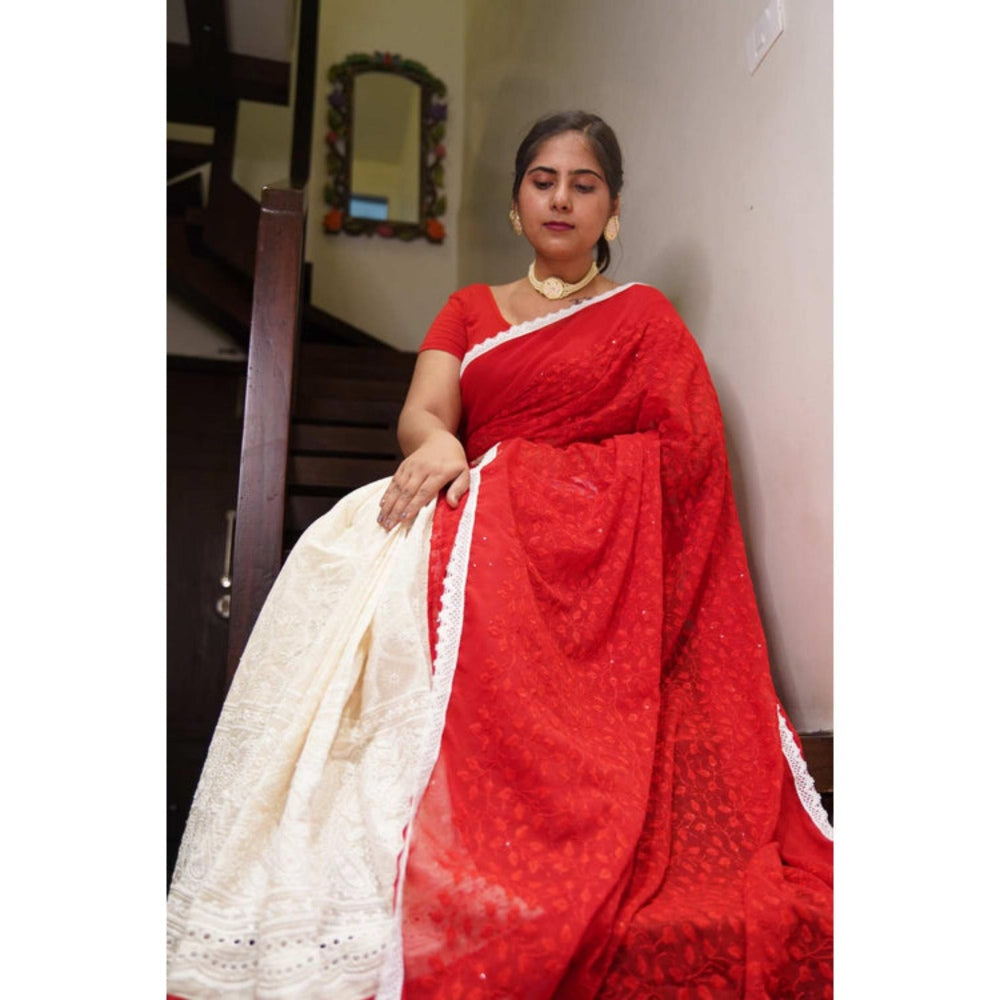 Isadora Life Womens Embroidered Sequined Multi-Color Pre-Draped Saree With Unstitched Blouse