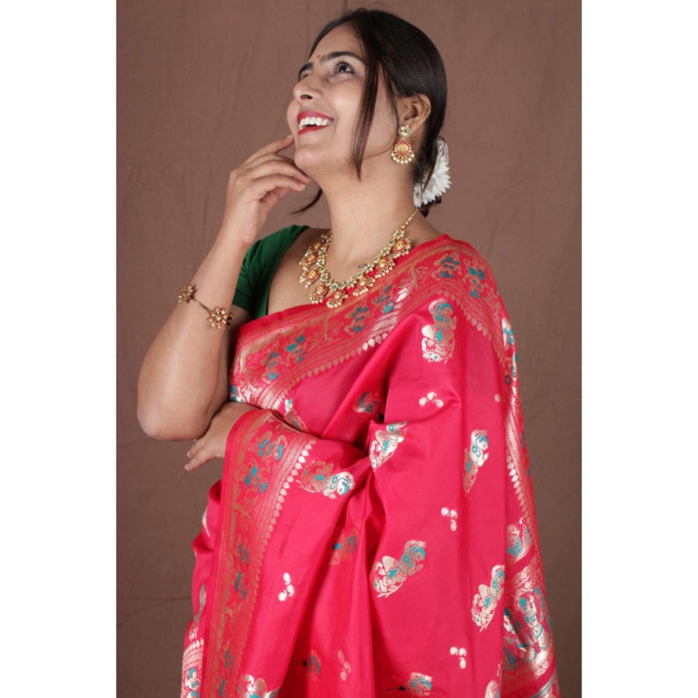 Isadora Life Womens Woven Zari Red Pre-Draped Saree With Unstitched Blouse