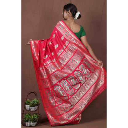 Isadora Life Womens Woven Zari Red Pre-Draped Saree With Unstitched Blouse