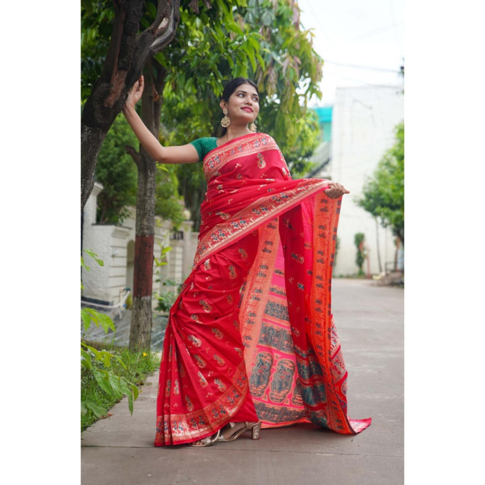 Isadora Life Womens Woven Zari Red Pre-Draped Saree With Unstitched Blouse