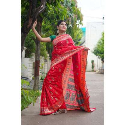 Isadora Life Womens Woven Zari Red Pre-Draped Saree With Unstitched Blouse