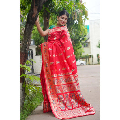 Isadora Life Womens Woven Zari Red Pre-Draped Saree With Unstitched Blouse