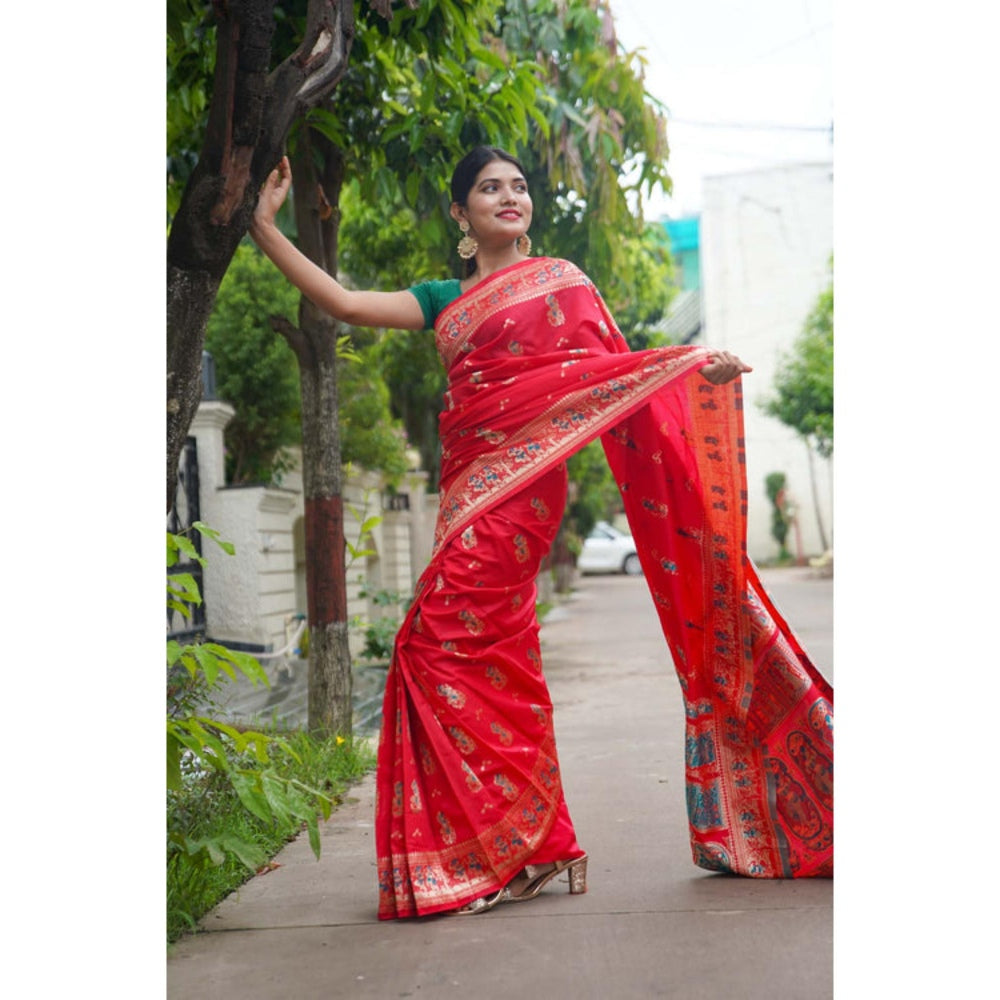 Isadora Life Womens Woven Zari Red Pre-Draped Saree With Unstitched Blouse
