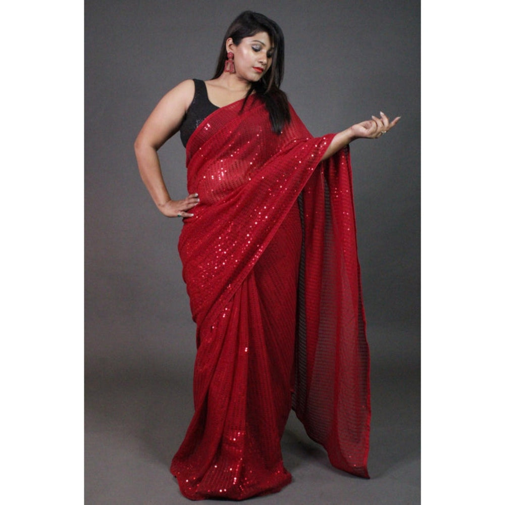 Isadora Life Womens Sequined Red Pre-Draped Saree With Unstitched Blouse