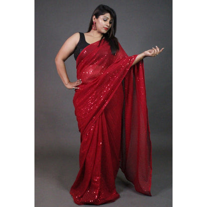 Isadora Life Womens Sequined Red Pre-Draped Saree With Unstitched Blouse