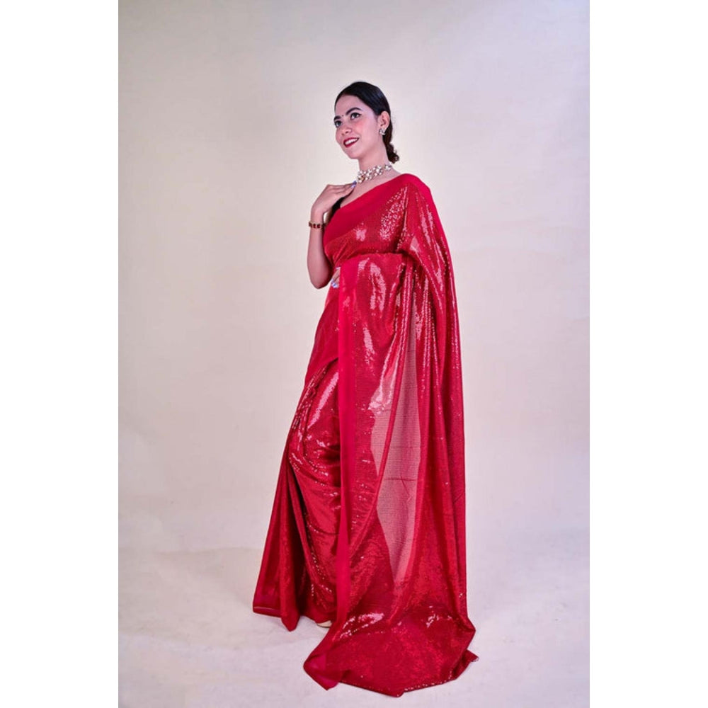 Isadora Life Womens Sequined Red Pre-Draped Saree With Unstitched Blouse
