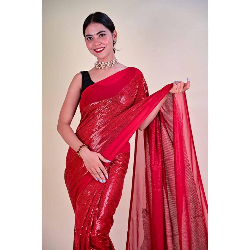 Isadora Life Womens Sequined Red Pre-Draped Saree With Unstitched Blouse