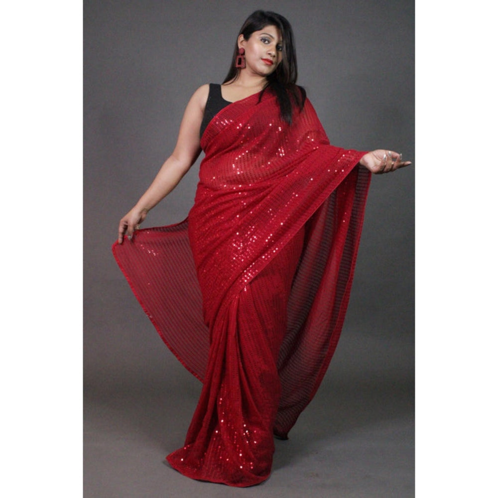 Isadora Life Womens Sequined Red Pre-Draped Saree With Unstitched Blouse