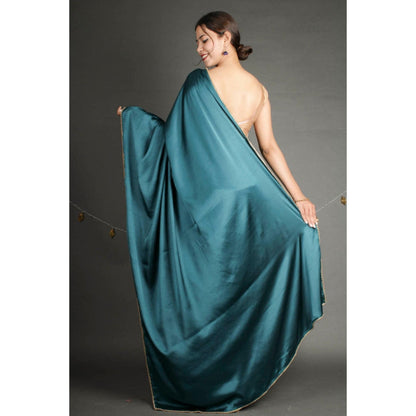 Isadora Life Womens Solid Sequined Blue Pre-Draped Saree With Unstitched Blouse