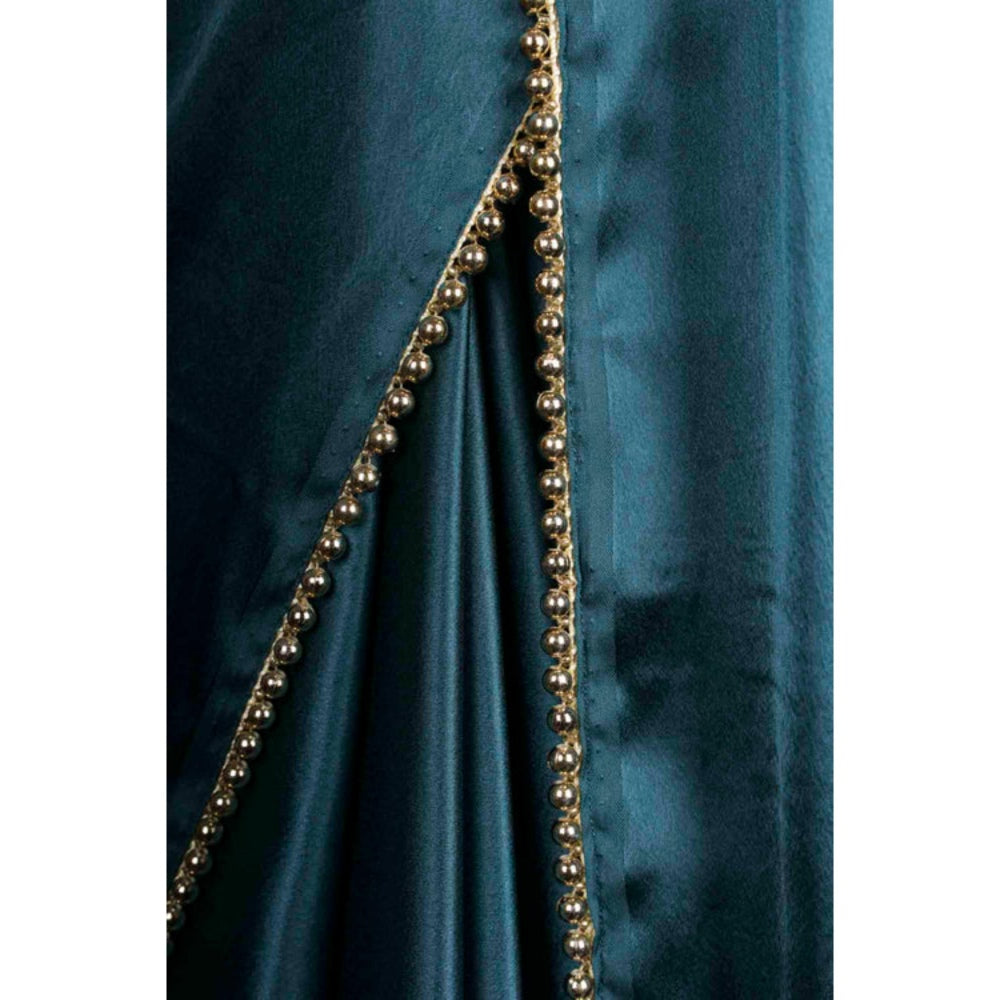 Isadora Life Womens Solid Sequined Blue Pre-Draped Saree With Unstitched Blouse
