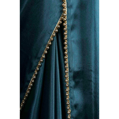 Isadora Life Womens Solid Sequined Blue Pre-Draped Saree With Unstitched Blouse