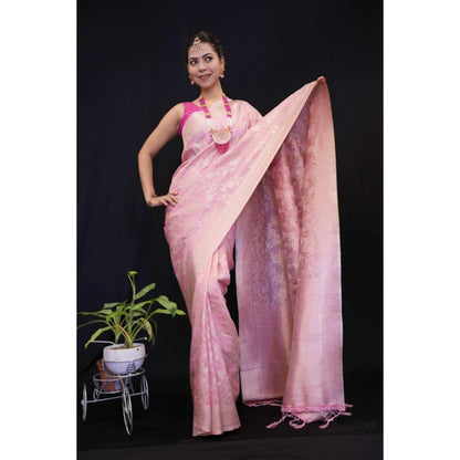 Isadora Life Womens Woven Tassels Pink Pre-Draped Saree with Unstitched Blouse