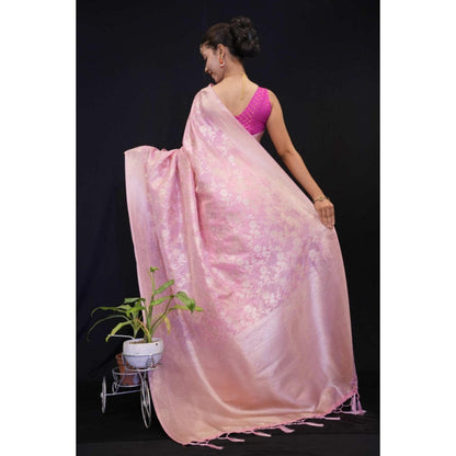 Isadora Life Womens Woven Tassels Pink Pre-Draped Saree with Unstitched Blouse