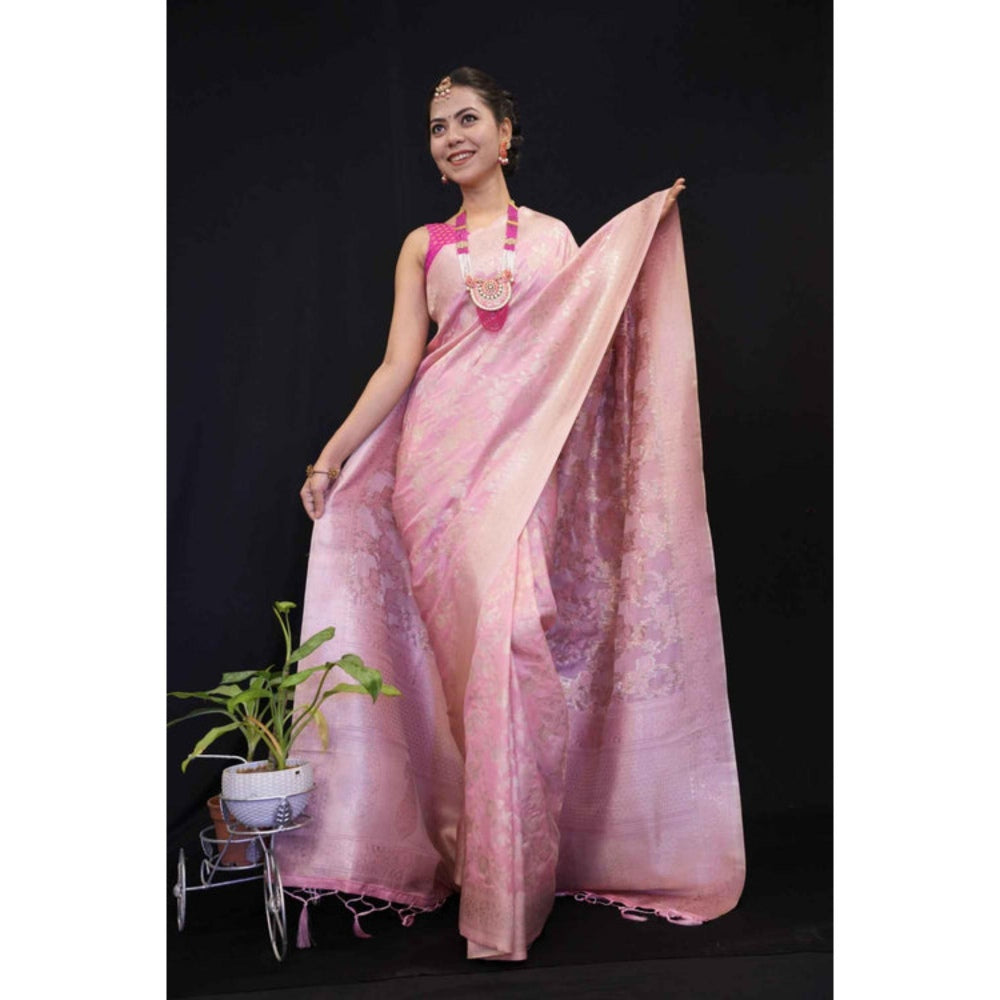 Isadora Life Womens Woven Tassels Pink Pre-Draped Saree with Unstitched Blouse