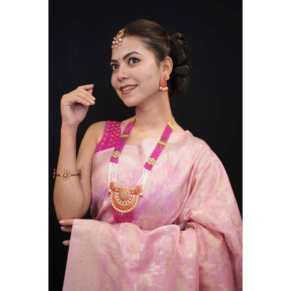Isadora Life Womens Woven Tassels Pink Pre-Draped Saree with Unstitched Blouse