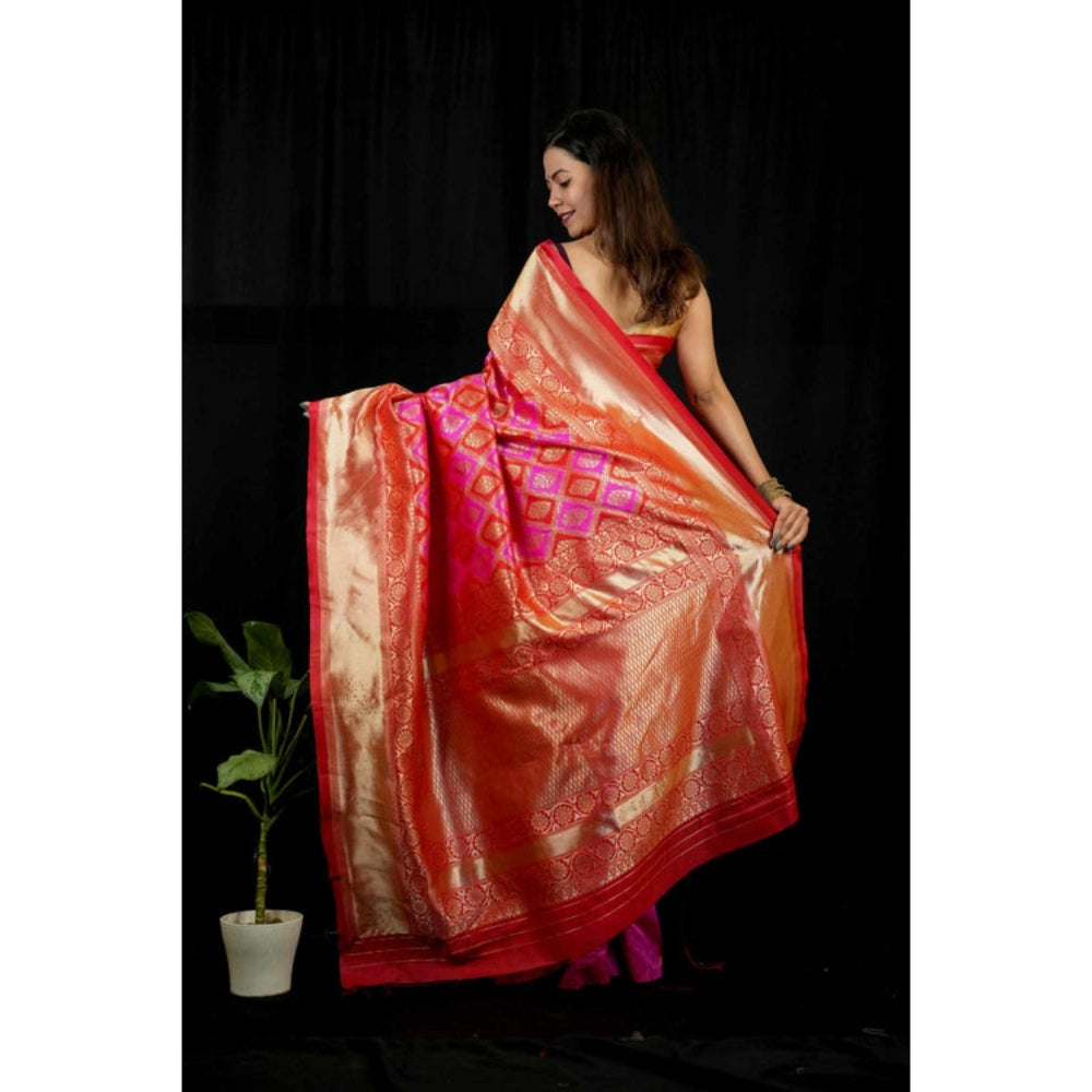Isadora Life Womens Woven Zari Pink Pre-Draped Saree with Unstitched Blouse