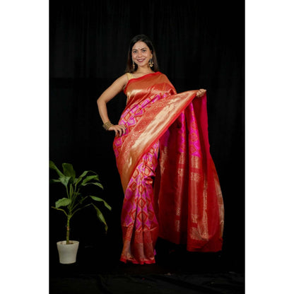 Isadora Life Womens Woven Zari Pink Pre-Draped Saree with Unstitched Blouse
