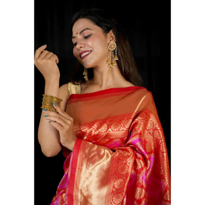 Isadora Life Womens Woven Zari Pink Pre-Draped Saree with Unstitched Blouse