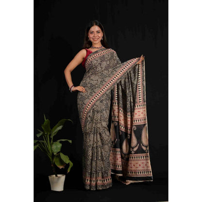 Isadora Life Womens Block Print Black Pre-Draped Saree with Unstitched Blouse