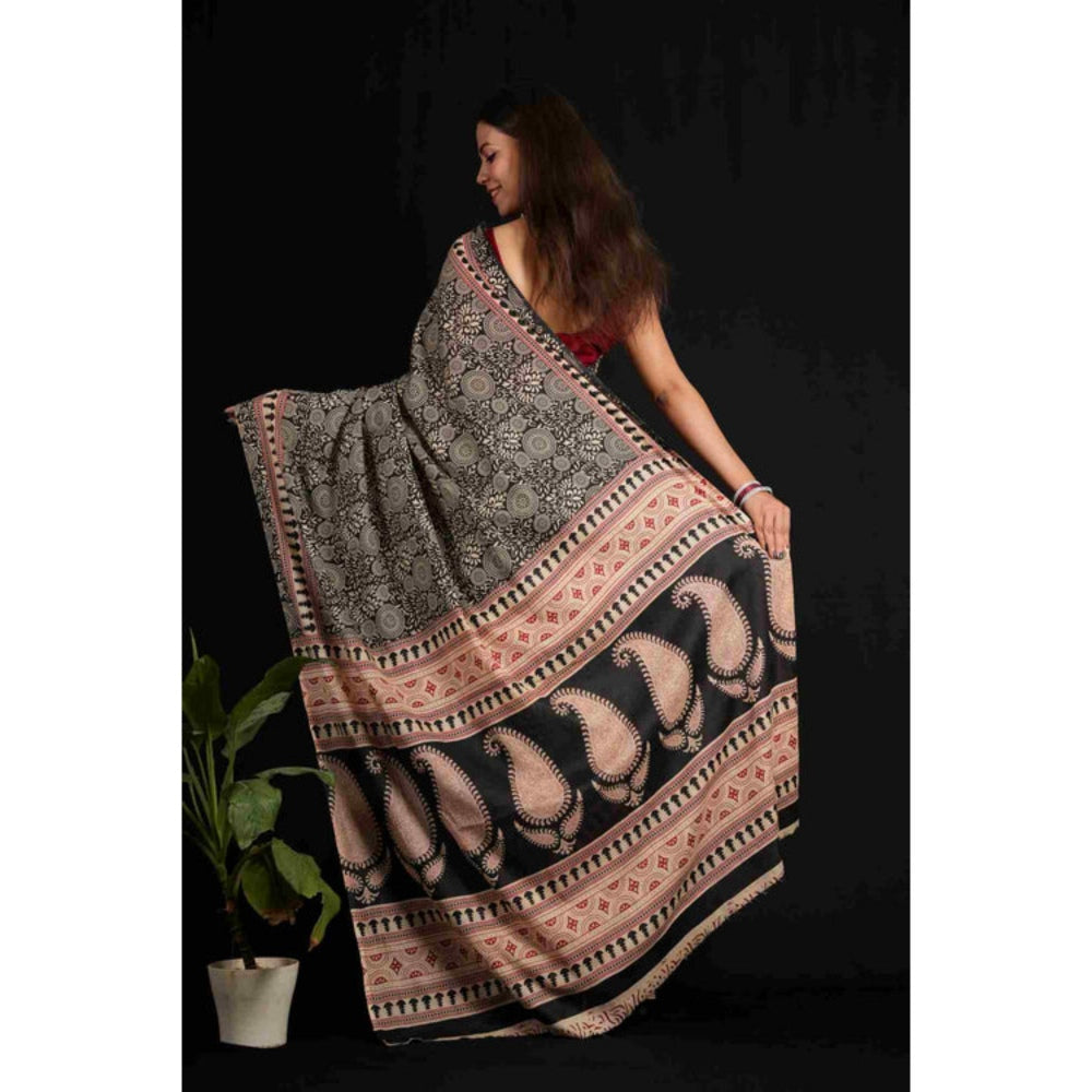 Isadora Life Womens Block Print Black Pre-Draped Saree with Unstitched Blouse