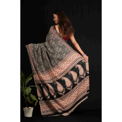 Isadora Life Womens Block Print Black Pre-Draped Saree with Unstitched Blouse
