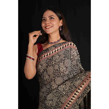 Isadora Life Womens Block Print Black Pre-Draped Saree with Unstitched Blouse