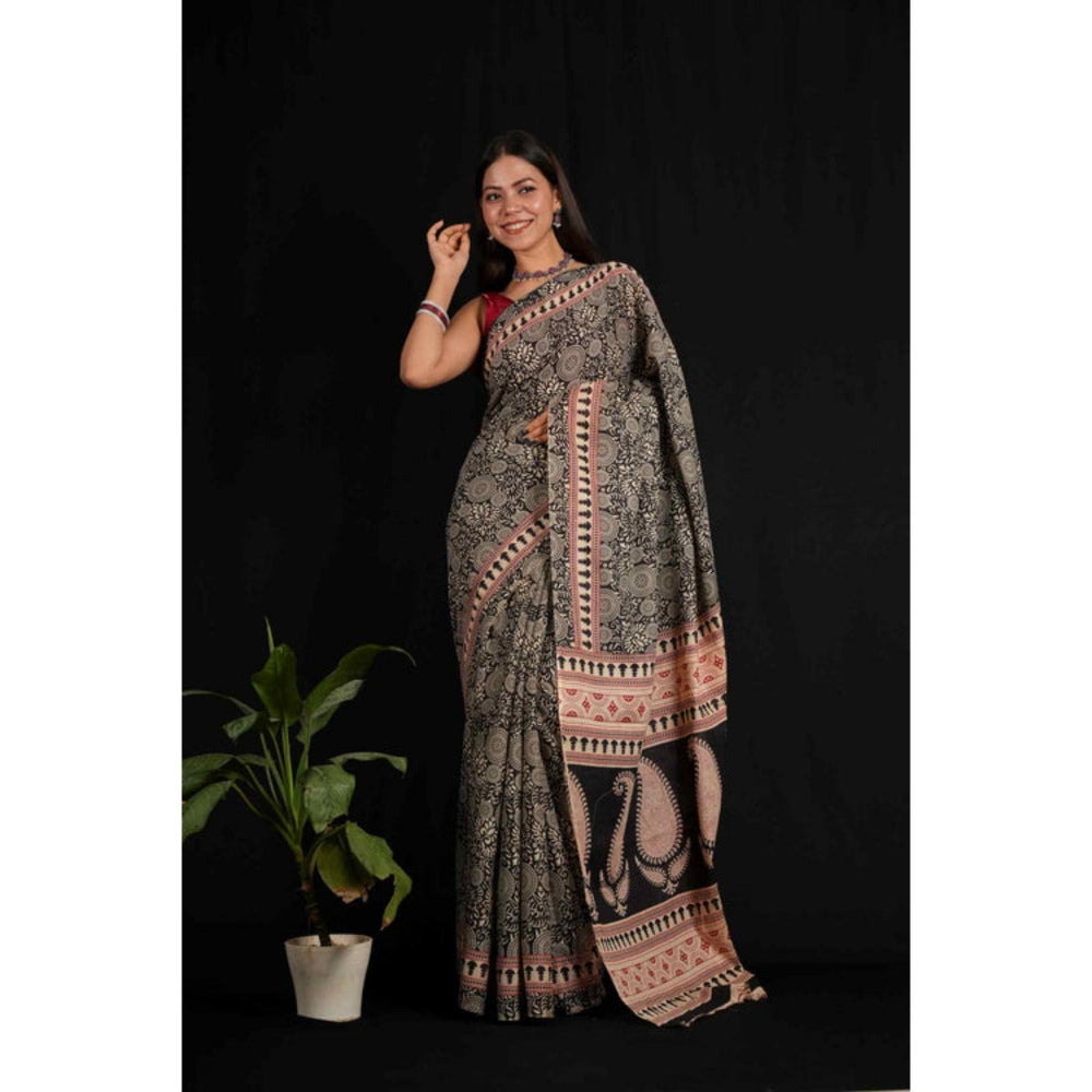 Isadora Life Womens Block Print Black Pre-Draped Saree with Unstitched Blouse