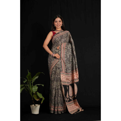 Isadora Life Womens Block Print Black Pre-Draped Saree with Unstitched Blouse