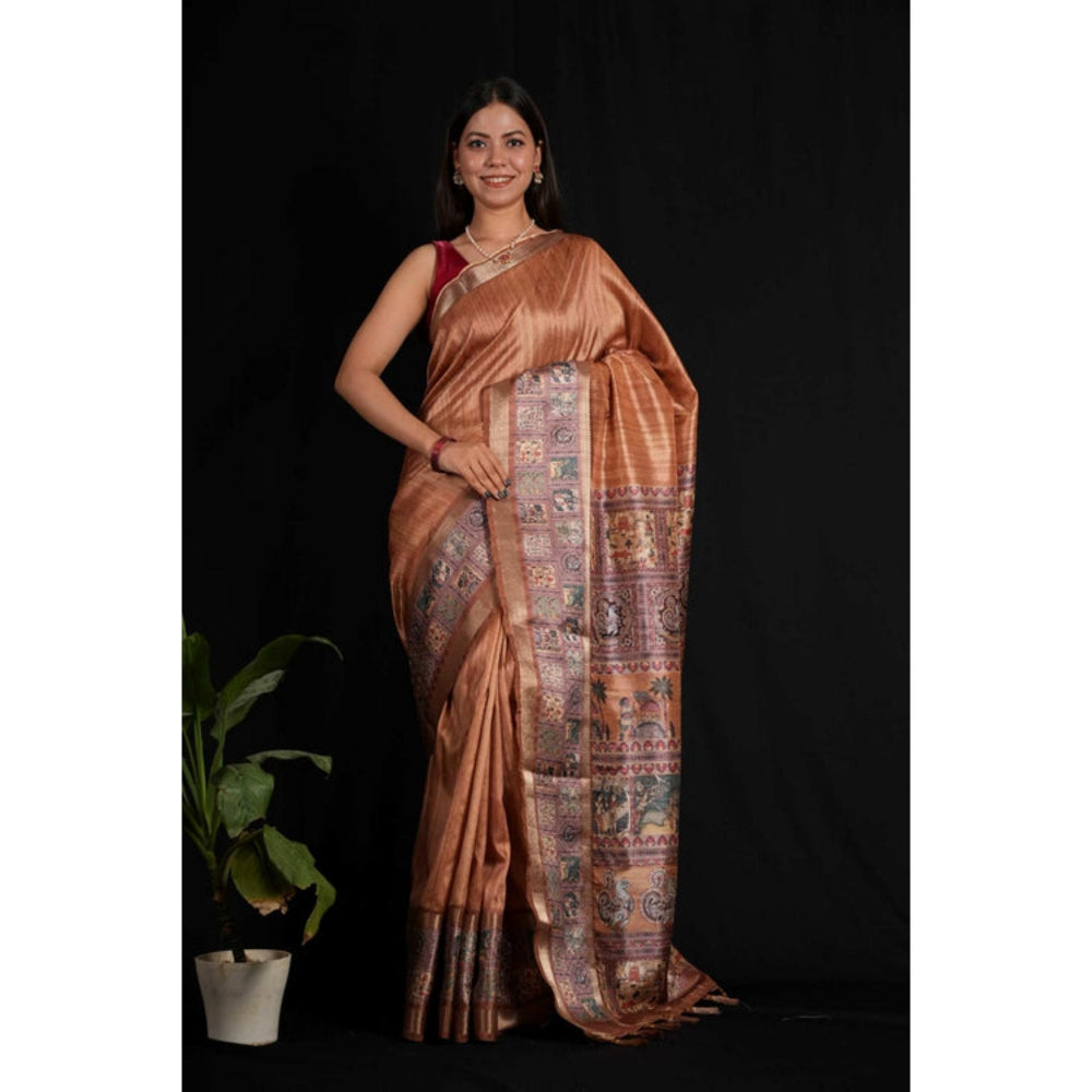 Isadora Life Womens Kalamkari Printed Copper Pre-Draped Saree with Unstitched Blouse
