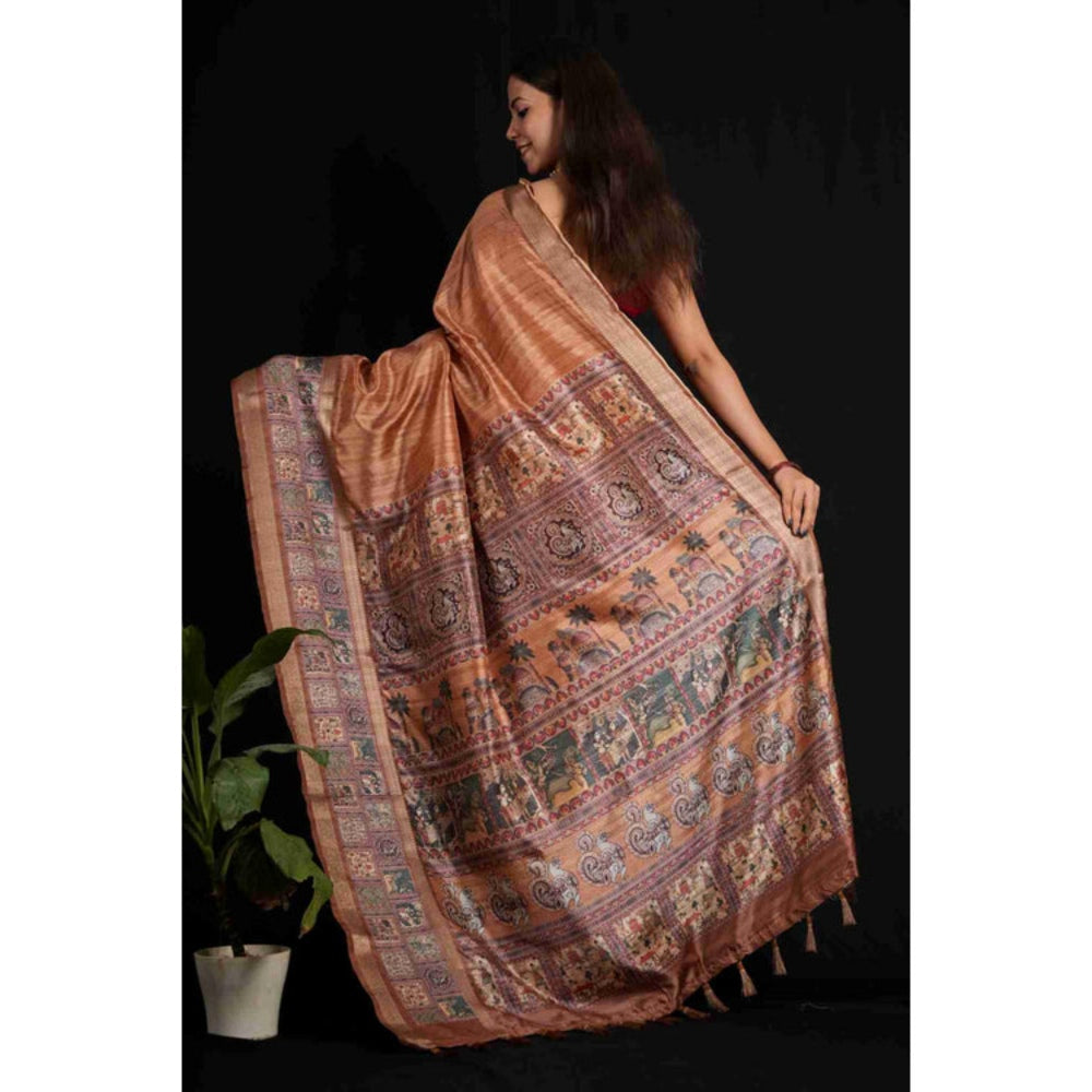Isadora Life Womens Kalamkari Printed Copper Pre-Draped Saree with Unstitched Blouse