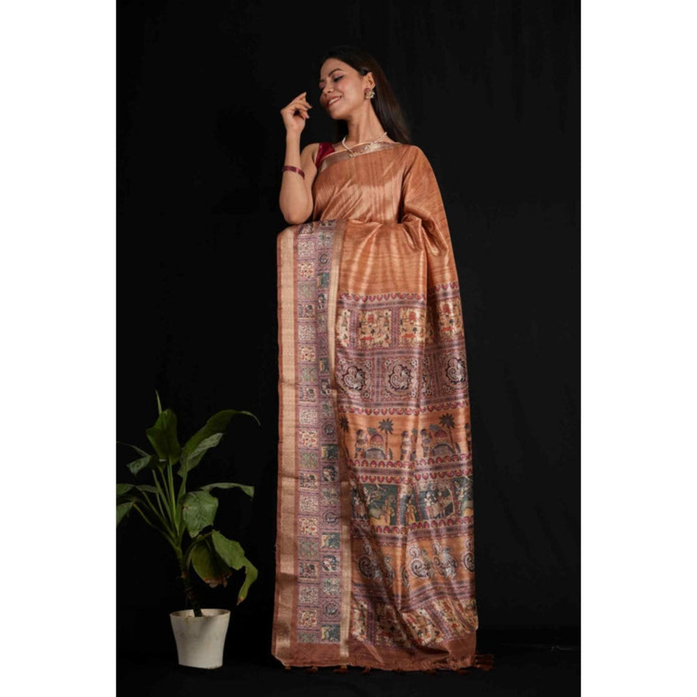 Isadora Life Womens Kalamkari Printed Copper Pre-Draped Saree with Unstitched Blouse