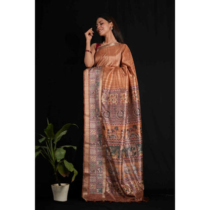 Isadora Life Womens Kalamkari Printed Copper Pre-Draped Saree with Unstitched Blouse