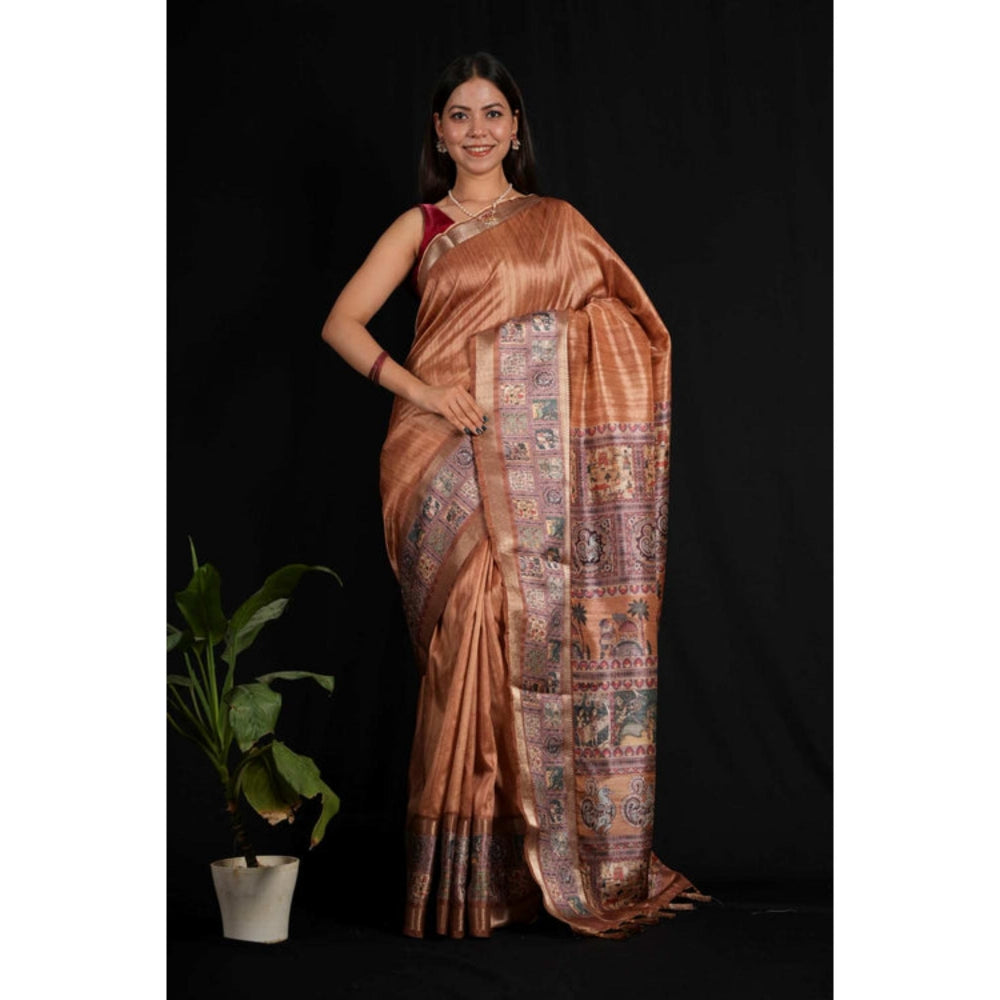 Isadora Life Womens Kalamkari Printed Copper Pre-Draped Saree with Unstitched Blouse