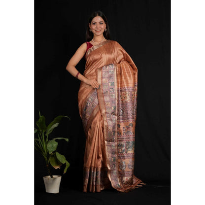 Isadora Life Womens Kalamkari Printed Copper Pre-Draped Saree with Unstitched Blouse